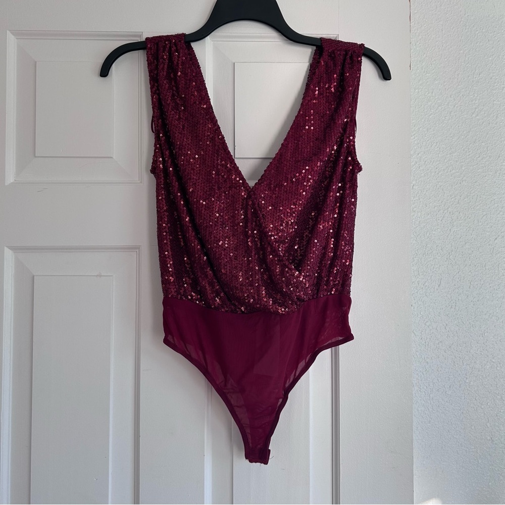 NWT Sequin V-Neck Burgundy Bodysuit